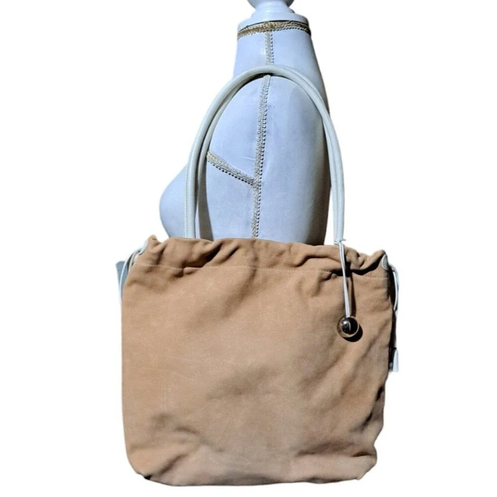 Furla Women's Tan Suede White Leather Trim Drawstring Shoulder Purse Bag
